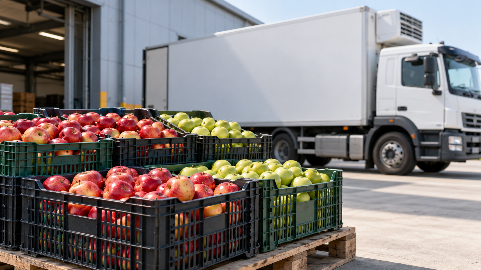 Thematic illustration: apple crates beside a refrigerated truck