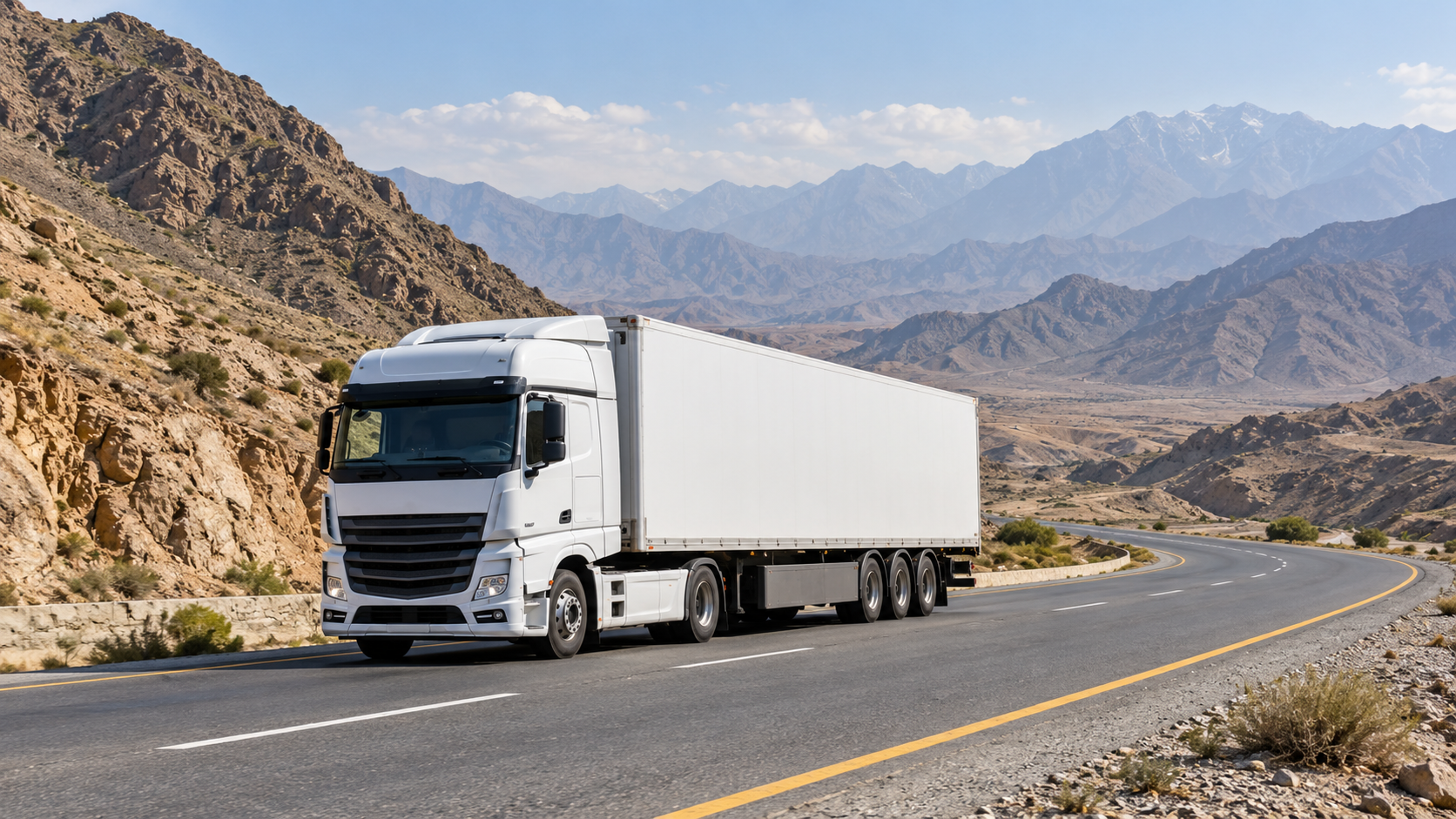 AI illustration: a freight truck on a conceptual mountain road